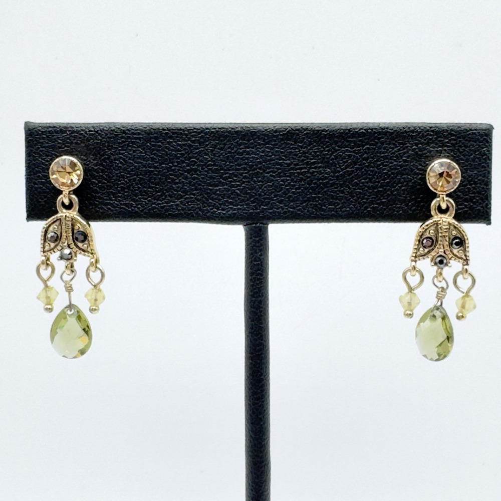 Vintage Monet Rhinestone Dangle Earrings Green Amber Delicate Lightweight 1"